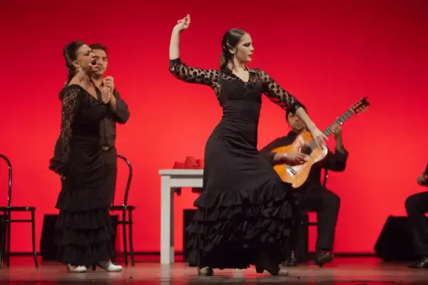 Bailarinas de flamenco con vestidos negros y volantes, un guitarrista y un cantante expresan pasión. El flamenco representa la fuerza y el alma andaluza.