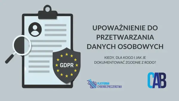 Grafika przedstawia dokument z lupą i tarczą GDPR, symbolizując upoważnienie do przetwarzania danych osobowych.