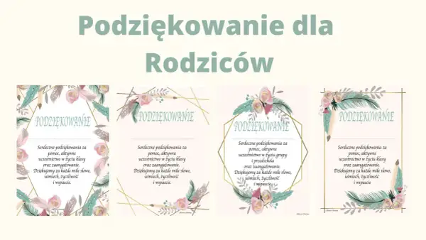 Wzór podziękowania dla rodziców za współpracę, z motywem piór i kwiatów. Dziękujemy za pomoc, aktywność i zaangażowanie.