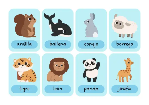 Tarjetas educativas con dibujos de animales para niños: ardilla, ballena, conejo, borrego, tigre, león, panda y jirafa.