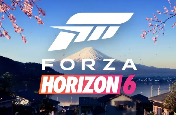Logo Forza Horizon 6 na tle góry Fudżi i kwitnących wiśni. Gra dostępna na PS5.