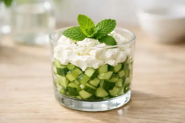 Une délicieuse entrée froide : dés de concombre frais et crémeux, surmontés de fromage blanc et d'une touche de menthe.