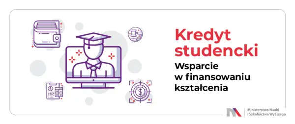 Grafika przedstawia ikonki związane z finansami i edukacją, symbolizujące kredyt studencki.