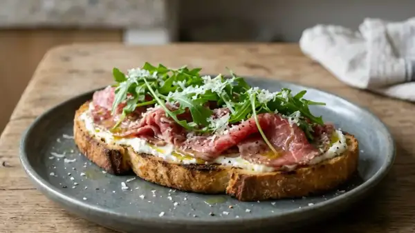 Tartine gourmande avec un accompagnement carpaccio de boeuf, roquette fraîche et copeaux de parmesan. Un délice pour les papilles.
