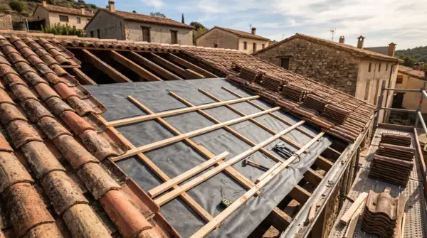 Trabajos de impermeabilizar tejados con tejas antiguas y material nuevo.