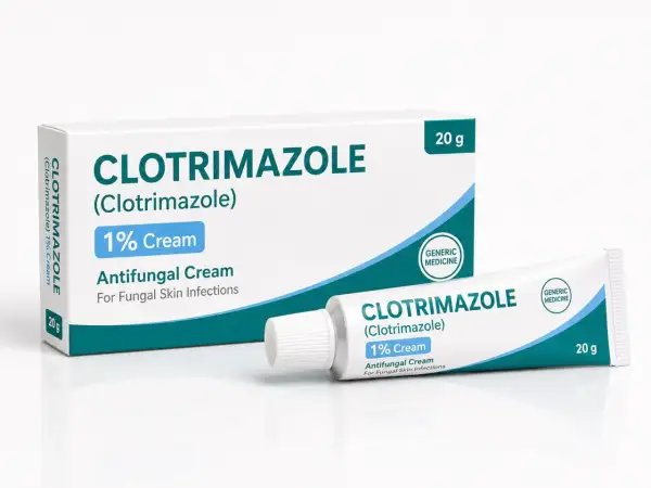 Tube et boîte de crème antifongique Clotrimazole 1% pour le traitement mycose.