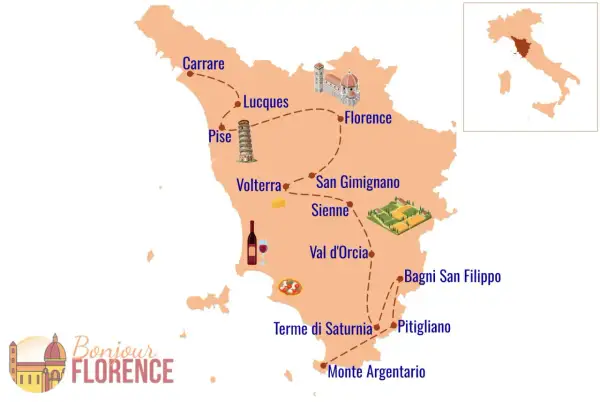 Carte touristique de la Toscane, Italie, avec des icônes de monuments, de gastronomie et de paysages. Elle montre un itinéraire reliant Florence, Pise, Sienne et d'autres villes.