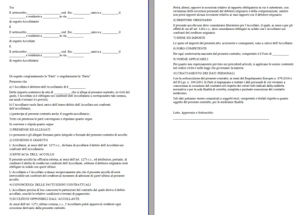Contratto di accollo con cui l'Accollante si assume il debito dell'Accollato. Documento legale per la liberatoria mutuo.