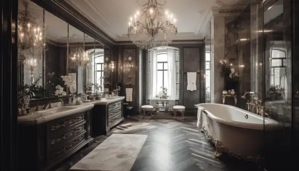 Lussuoso bagno alla francese con vasca in stile antico, doppio lavabo e grande lampadario di cristallo.