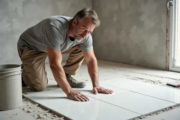 Un homme pose des carreaux blancs au sol, un seau à côté. Il s'agit d'un bain de carrelage méticuleux.