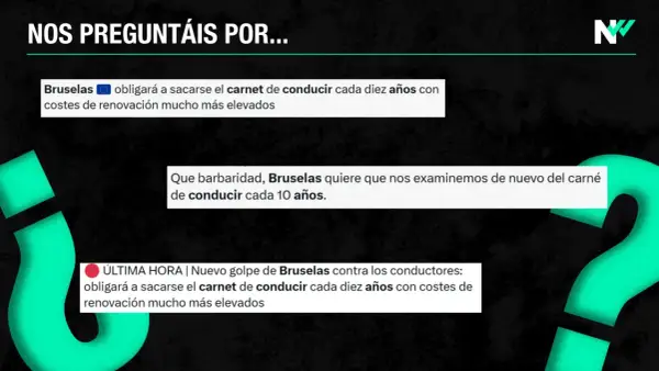 Noticias sobre la obligatoriedad de renovar el carnet de conducir cada 10 años, como si fueran apuntes de autoescuela.