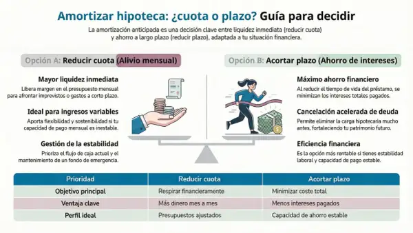Guía para decidir si amortizar hipoteca: reducir cuota para liquidez o acortar plazo para ahorrar intereses.