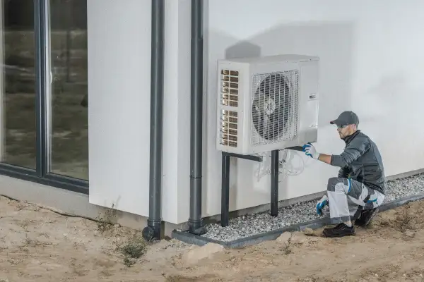 Tecnico che installa una pompa di calore esterna, un sistema efficiente per riscaldare e raffreddare la casa.