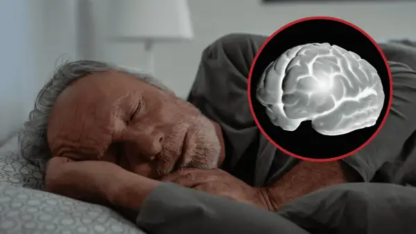 Starszy mężczyzna śpi, a obok niego widnieje obraz mózgu, symbolizujący zespół otępienny i jego rokowania.