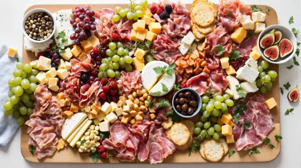 Un magnifique plateau de charcuterie prêt à être dégusté : jambon, fromages variés, raisins verts et rouges, figues, olives, baies et crackers.