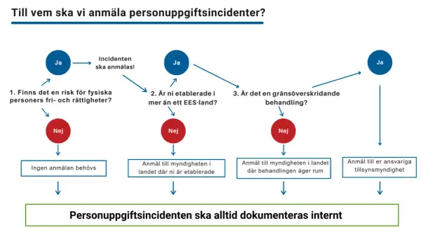 Flödesschema som visar när och hur personuppgiftsincidenter ska anmälas. Ett personuppgiftsincident exempel kan kräva anmälan till myndighet.