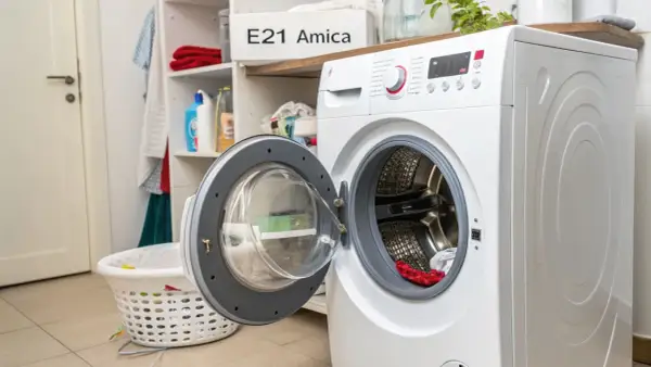 Pralka Amica z otwartymi drzwiczkami, na półce widoczny napis "E21 Amica", sugerujący błąd. Obok kosz na pranie.