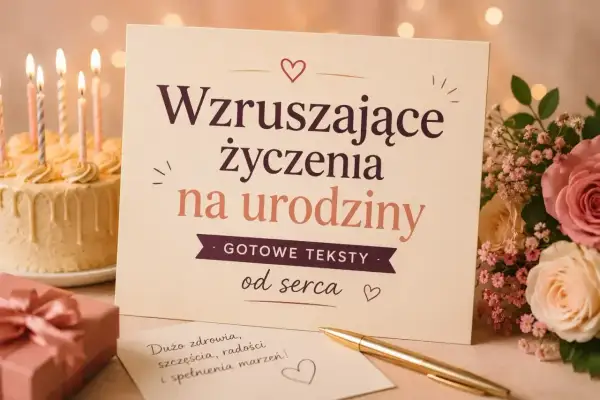 Karta z napisem "Wzruszające życzenia na urodziny" obok tortu, prezentu i kwiatów. Idealna, by wyrazić wzruszające słowa dla przyjaciela.