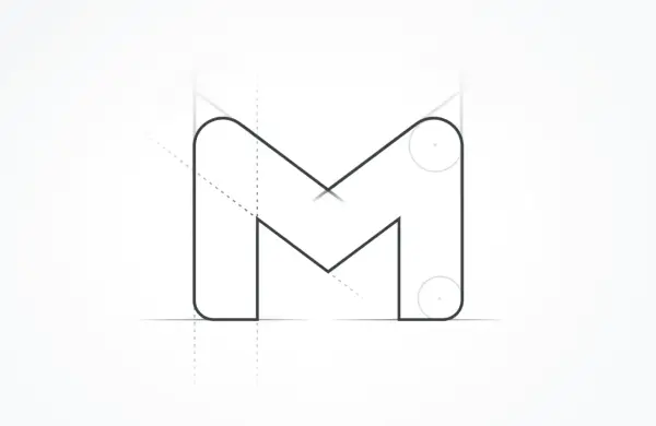 Nowa ikona Google, litera M, z pomocniczymi liniami i okręgami, sugerująca proces projektowania.