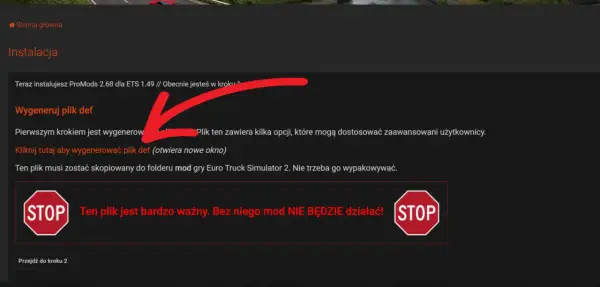 Instrukcja instalacji modów do ETS2: wygeneruj plik def, kluczowy dla działania gry. Bez niego mody nie zadziałają.