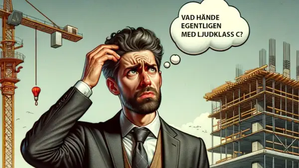 En man i kostym kliar sig i huvudet vid en byggarbetsplats, funderande på vad som hände med ljudklass C.