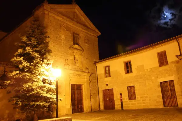 Edificio de piedra iluminado de noche, con un árbol y la luna en el cielo.