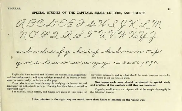 A page of cursive handwriting practice, showing the alphabet in uppercase and lowercase, and numbers. The text guides students on how in cursive to master these forms.