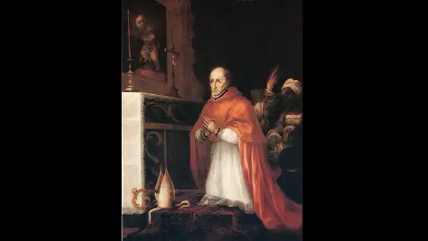 Santo Toribio de Mogrovejo, vestido de cardenal, reza ante un altar. Detrás, figuras indígenas observan.