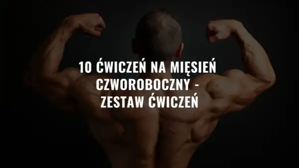 Kaptury i mięśnie ramion kulturysty na ciemnym tle. Tekst: "10 ćwiczeń na mięsień czworoboczny - zestaw ćwiczeń".