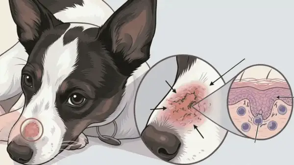 Illustration shows what ringworm looks like on a dog: a red, scaly patch with broken hairs on the nose, magnified to show skin layers.
