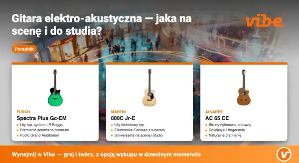 Trzy gitary: zielona elektro-akustyczna Furch, jasna Martin i brązowa Alvarez. Idealne na scenę i do studia.