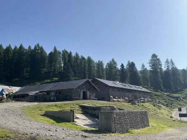 Malga Vallazza, un rifugio alpino in pietra con tetti scuri, circondato da un bosco di abeti sotto un cielo azzurro.