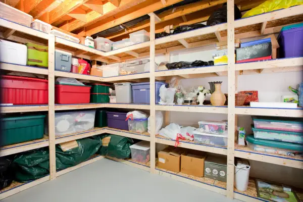 Shelving unit filled with various storage bins, boxes, and bags, showcasing practical basement storage ideas for organizing household items.