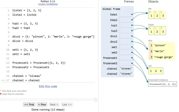 Visualisation des collections Python : listes, tuples, dictionnaires, sets et frozensets, montrant comment les variables référencent les objets.