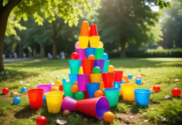 Färgglad stapel av plastmuggar och bollar i en park, redo för en 5 kamp hemma.