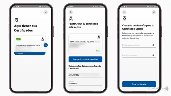 Pasos para como pasar el certificado digital de un móvil a otro: ver certificados, compartir copia de seguridad y crear contraseña.