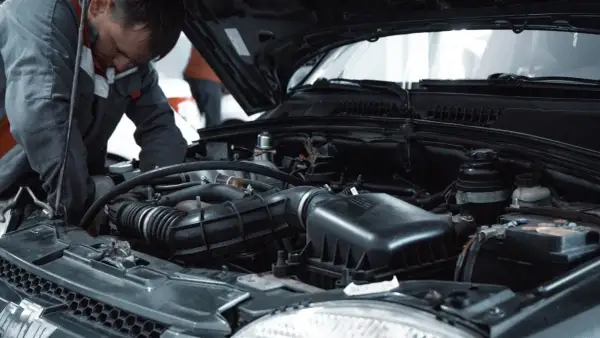 Mechanik w kombinezonie pracuje przy silniku samochodu, być może wykonując procedurę jak odpowietrzyć sprzęgło.