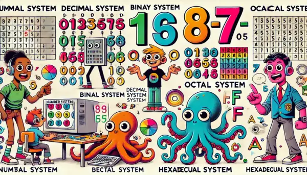 Kolorowi bohaterowie i ośmiornice ilustrują różne systemy liczbowe, takie jak binarny i dziesiętny.