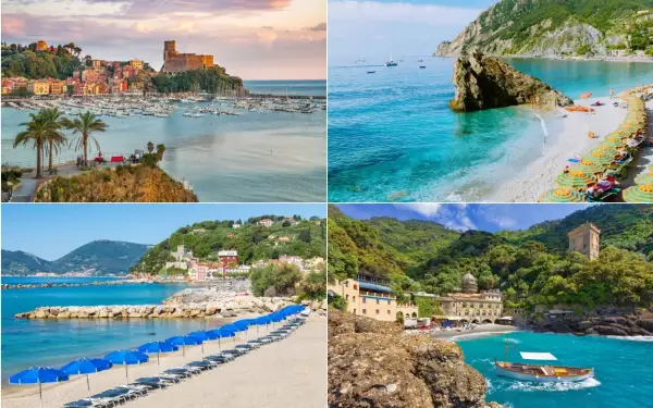 Quattro scorci mozzafiato che mostrano il mare più bello della Liguria: castelli, spiagge dorate e acque cristalline.