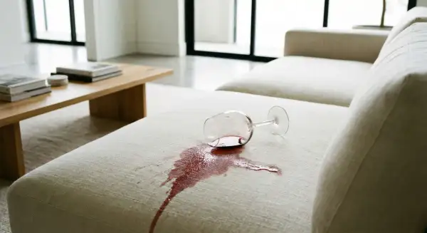 Ein umgekipptes Weinglas hinterlässt einen roten Fleck auf dem hellen Sofa. Ein kleiner Kaffeefleck ist auch auf dem Tisch zu sehen.