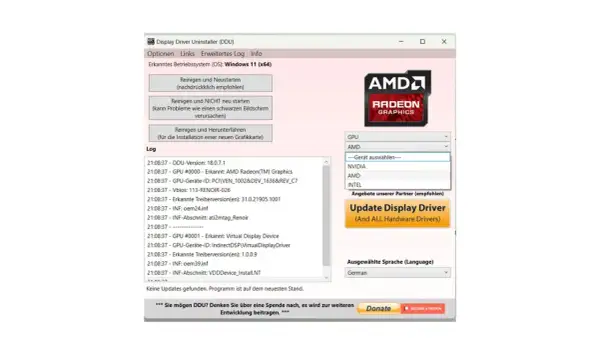 Display Driver Uninstaller (DDU) zeigt an, dass kein AMD Treiber neu installiert werden muss. Das Programm ist auf dem neuesten Stand.