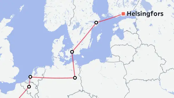 En karta som visar en rutt för att tågluffa Europa, från Nederländerna via Danmark och Polen till Helsingfors.