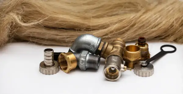 Różnorodne złączki hydrauliczne i zawory odcinające, obok pęczka lnianego sznurka.