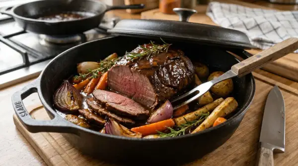 Saftiger Rinderbraten mit Wurzelgemüse und Rosmarin, perfekt für ein köstliches rinderbraten rezept.