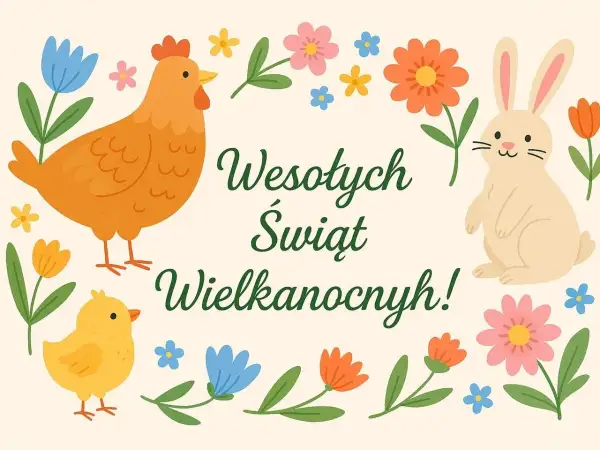 Wesołych Świąt Wielkanocnych! Urocza kurka, pisklę i zajączek wśród kolorowych kwiatów składają życzenia wielkanocne dla dzieci.