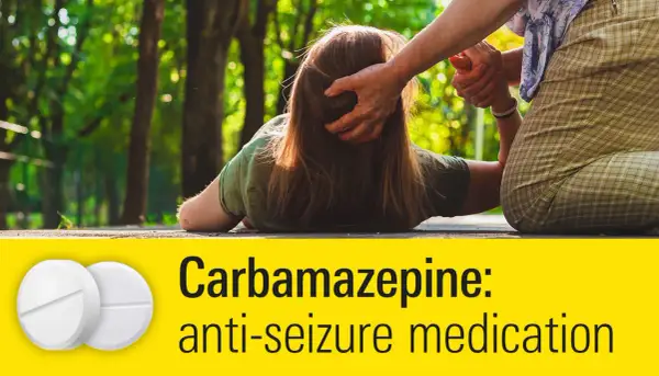 Osoba pomaga drugiej, która upadła. Na dole białe tabletki i napis "Carbamazepine: anti-seizure medication". Neurotop może pomóc w takich sytuacjach.