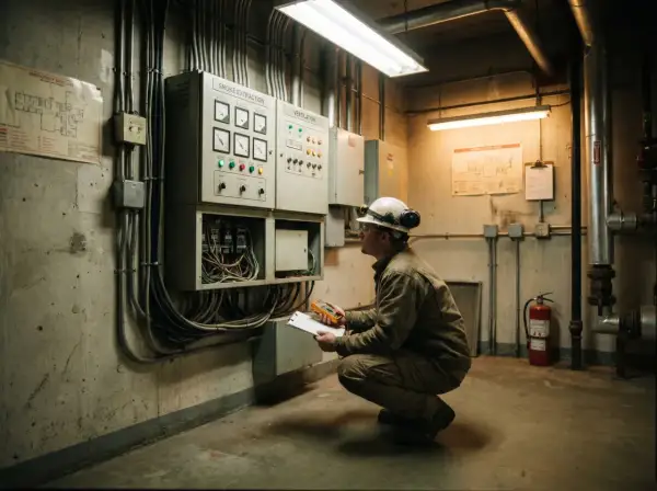 Pracownik w kasku sprawdza instalację wentylacyjną i system oddymiania. Dba o ochronę przeciwpożarową i BHP.