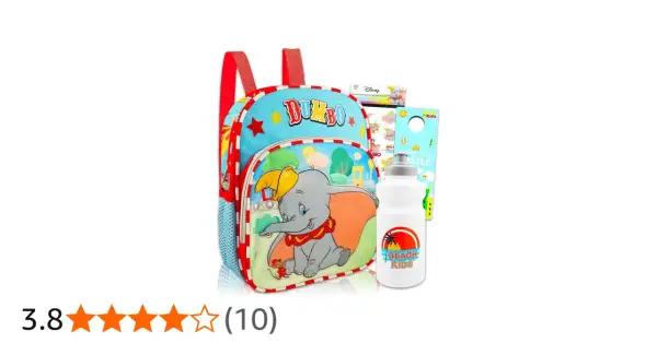 Mochila azul de Dumbo con botella de agua blanca y pegatinas.