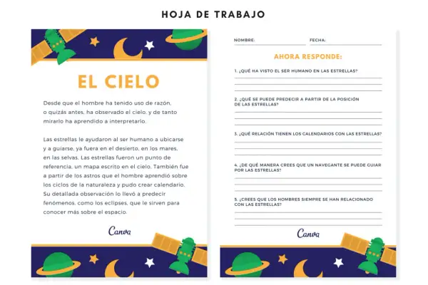 Hoja de trabajo para lectura comprensiva 3 primaria sobre el cielo y las estrellas. Incluye preguntas para reflexionar.