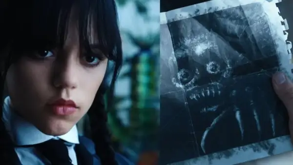 Wednesday Addams patrzy na rysunek przerażającego potwora z ostrymi zębami i pazurami.
